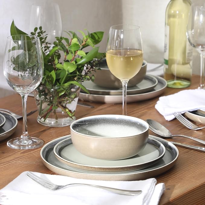 Gibson Elite Island Bay 12-Piece New Bone China Dinnerware Set Service for 4, Reactive Glaze Plates and Bowls, Dishwasher and Microwave Safe, Black and Cream - Image 3