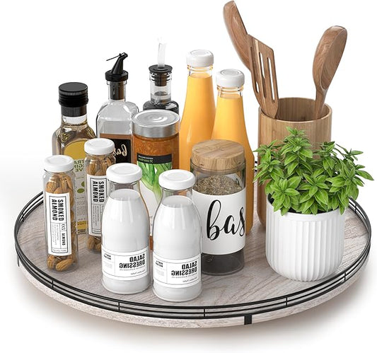 AMH 16-Inch Whitewashed Farmhouse Oak Lazy Susan Organizer | Smooth rotating oak tray with walnut finish for dining tables, kitchen counters, pantries and cabinet storage. by AMH