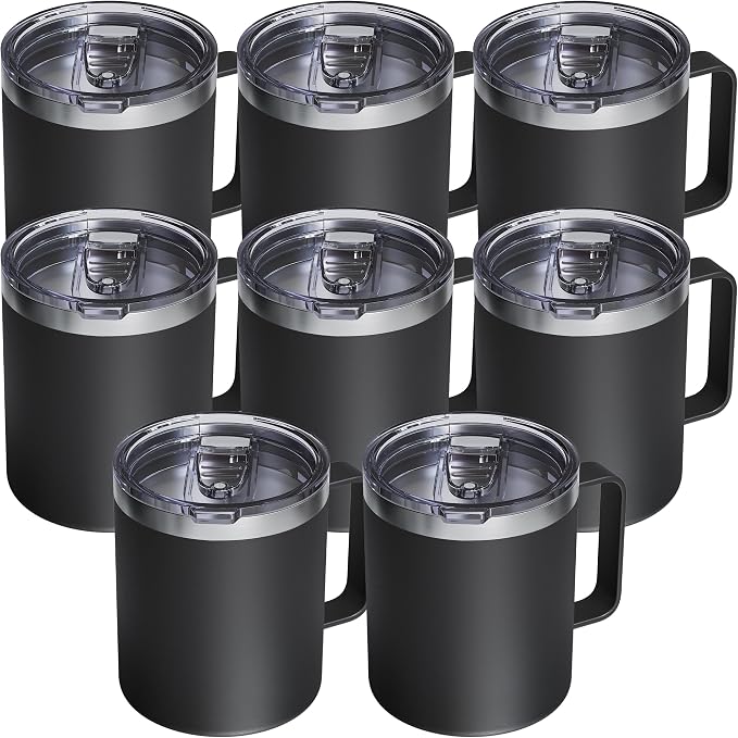 8 Pack 12oz Insulated Coffee Mug with Lid – Double Wall Stainless Steel Travel Cups with Handle, Keep Hot & Cold Drinks, Ideal Gift for Coffee Lovers, Home, Office & Camping, Black by avodvo