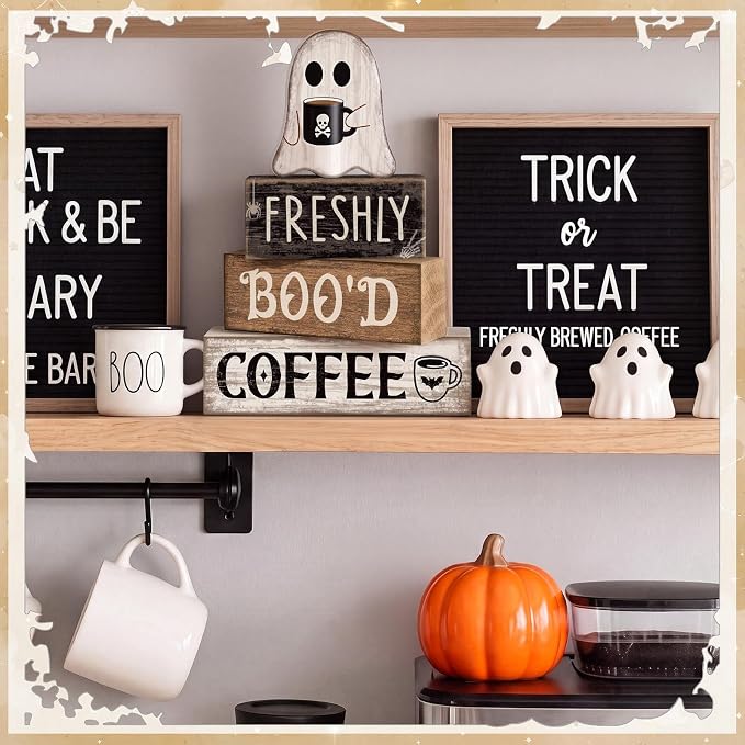 Moucuny 4 Pcs Halloween Coffee Table Decorations Cute Ghost Stacked Wooden Decor - Freshly Boo'd Coffee Halloween Tiered Tray Decor Rustic Ghost Table Centerpiece for Home Kitchen Shelf Bar - Image 4