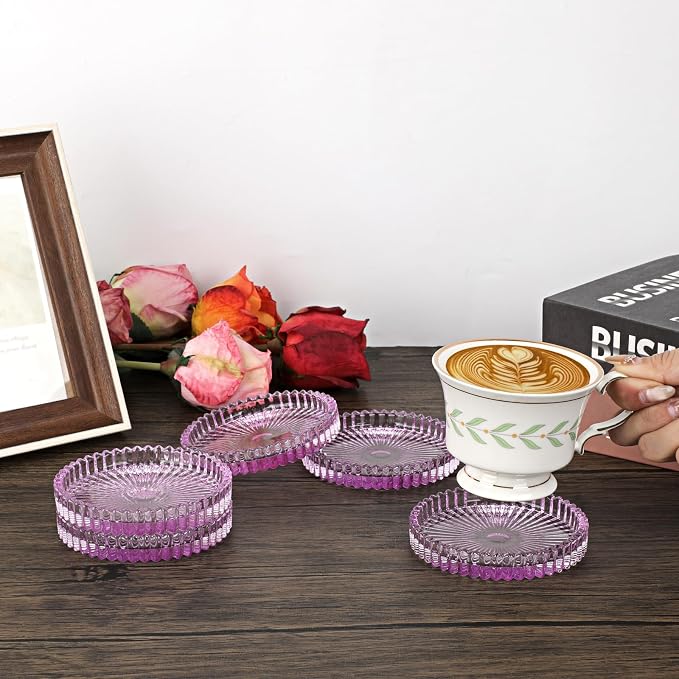 Modern Clear Coaster Set of 5- Glass Coasters for Drinks, Clear Purple | Crystal Coasters Round Cup Mat Coffee Table Decor for Office, Kitchen, Bar, Dining Room, Living Room, Patio - Image 2