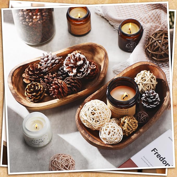 2 Pcs Wooden Dough Bowls for Decor Oblong Decorative Bowl Home Decor Fruit Vessel for Kitchen Counter Rustic Carved Serving Container Long Wooden Bread Tray for Dining Room Table(13 x 9 x 3.2 Inch)
