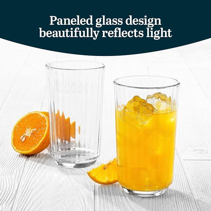Libbey Paneled Highball Glasses Set of 6, 17 Oz Fine Ribbed Line Whiskey Glasses Set, Dishwasher Safe Highball Champagne Glasses for Juice, Iced Tea - Image 2