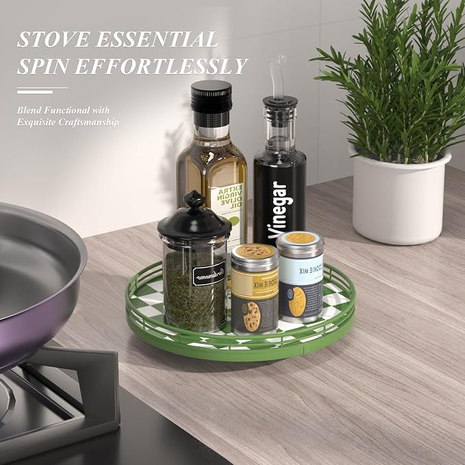 Green and White Checkerboard Lazy Susan with Rubberwood Base and Metal Rail | Smooth rotating oak tray with walnut finish for dining tables, kitchen counters, pantries and cabinet storage. - Image 3