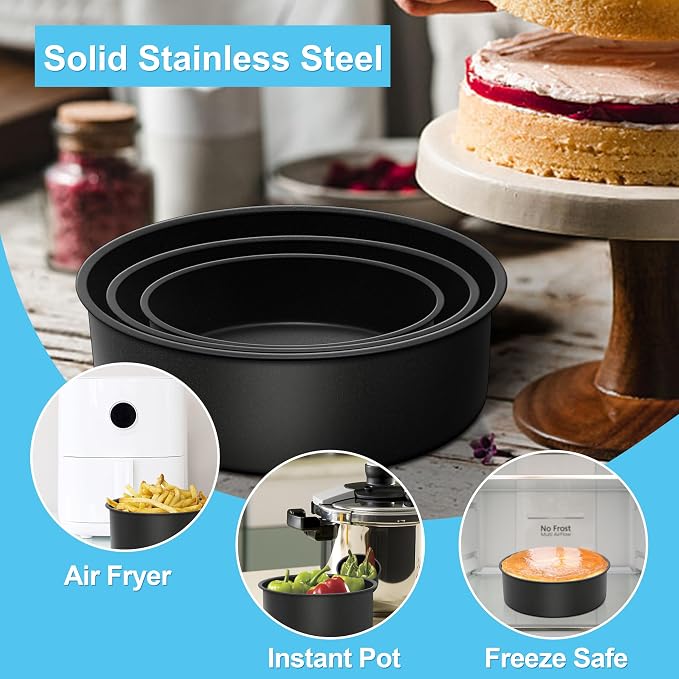 E-far Deep Cake Pan Set of 3 (6/8/9½ Inch), Nonstick Stainless Steel Round Cake Pans Tins for Baking Layer Wedding Cakes, Stainless Steel Core & Nontoxic Coating, Deep & Straight Side - Image 5