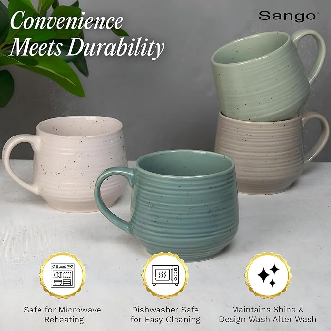 Sango Siterra Artist's Blend 17 oz. Stoneware Mug Set- Service for 4, Rustic Design, Green/White/Beige, Scratch-Resistant, Microwave & Dishwasher Safe, for Everyday Dining & Entertainment - Image 4