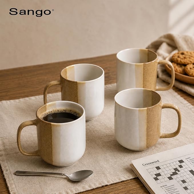 SANGO Phoebe Caramel/White Coffee Mugs Set of 4, 15 oz Stoneware Coffee Mug Set, Big Glossy Ceramic Tea Cup for Cappuccino, Latte, Cocoa, Large Coffee Cups with Handle, Microwave & Dishwasher Safe - Image 9