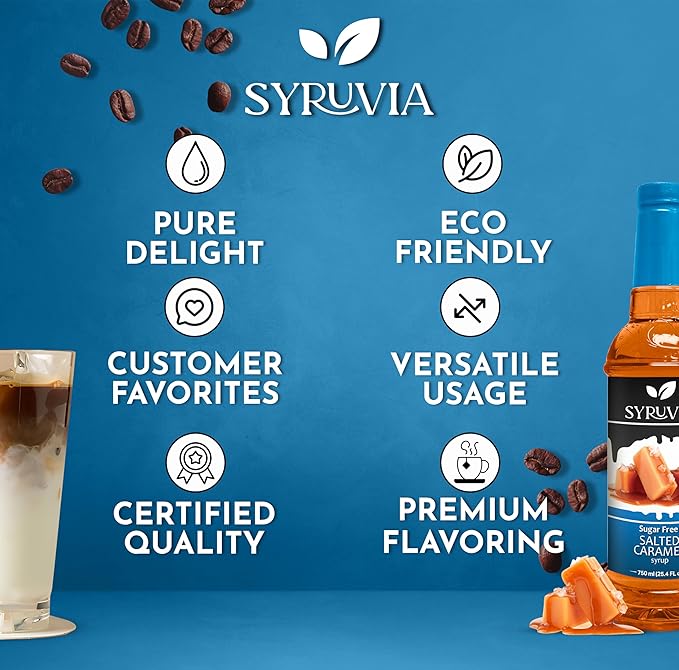 Syruvia Sugar Free Salted Caramel - 25.4 fl oz. Premium Coffee Flavoring Syrup. Perfect for Drinks, Sodas, Shakes, Desserts, and More (3-Pack)