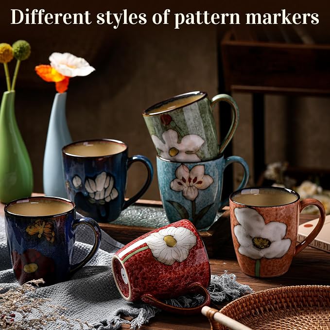 Maxdot 6 Pcs 12oz Ceramic Coffee Mugs Sets Glazing Process Cappuccino Mug Floral Ceramic Tea Cups Idea Gift Set for Women Porcelain Cup for Coffee, Cocoa, Tea, Latte (Retro) (Retro) - Image 6