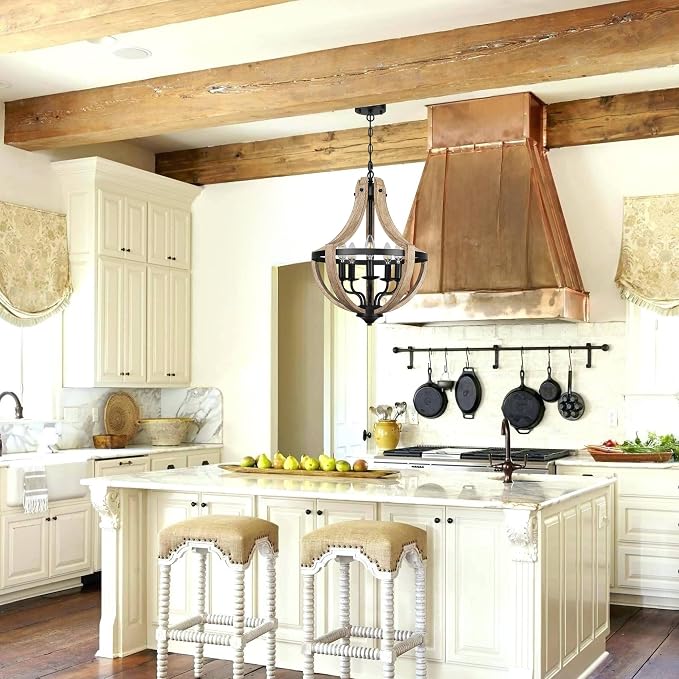 5-Light Farmhouse Wood Chandeliers for Dining Room, Adjustable Height Hanging Rustic Geometric Light Fixture for Kitchen Island Foyer Entryway Living Room - Image 3