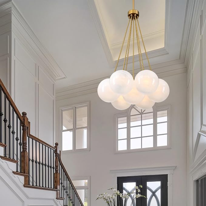 Modern Globe Chandelier Milky Glass Shade Gold Sputnik Ceiling Light Fixture, Mid Century Bubble Dining Room Pendant Light, Hanging Island Light for Kitchen Bedroom Entryway Over Table - Image 6