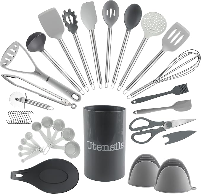 COOK WITH COLOR Silicone Cooking Utensils, Kitchen Utensil Set, Easy to Clean Silicone Kitchen Utensils, Cooking Utensils for Nonstick Cookware, Kitchen Gadgets Set, 38 Piece, Gray by CookwithColor
