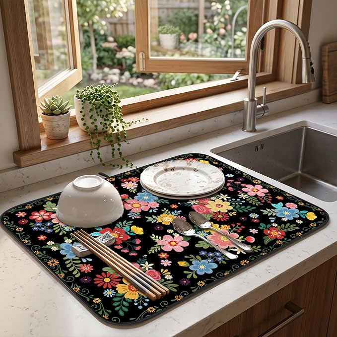 Tropical Floral Dish Drying Mat for Kitchen Counter Coffee Bar 18x24 in | Decorative Non Slip Absorbent Kitchen Dishes Drainer Mat, with Anti-slip Rubber Backing & Hanging Loop, for Sink, Home Decor - Image 5