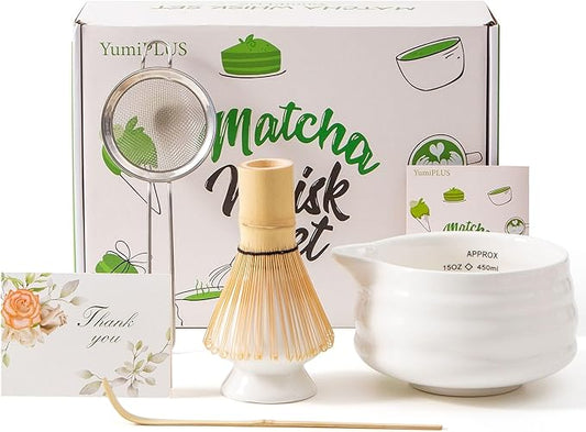5pcs Premium Matcha Set,Ceramic Bowl with Spout and Bamboo Whisk set, Ceremonical Matcha Kit for breakfast/latte,Tea Starter Making Kit,Unique Matcha Gift set (white)