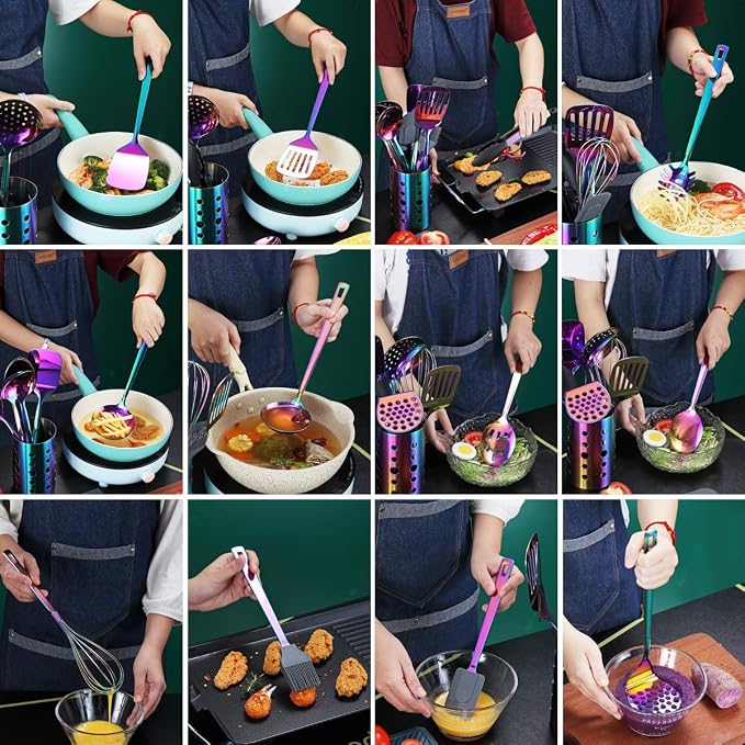 Rainbow Kitchen Utensils Set,13 Pieces Stainless Steel Cooking Utensils Set With Titanium Rainbow Plating,Kitchen Tools Set With Utensil Holder For Non-Stick Cookware Dishwasher Safe (13 Packs) - Image 7