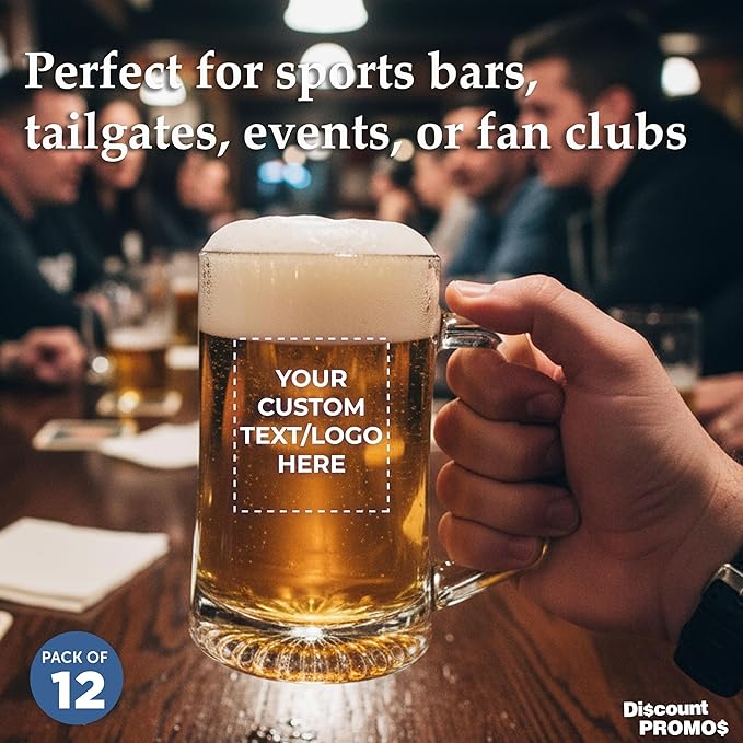 DISCOUNT PROMOS Custom ARC Glass Beer Mugs 14 oz. Set of 12, Personalized Bulk Pack - Great for Octoberfest, Pub, Restaurant - Clear