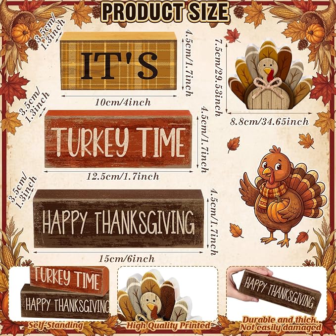 Moucuny 4 Pcs Fall Decorations for Home Wooden Turkey Decor Thanksgiving Tiered Tray Decor Thanksgiving Table Centerpiece Rustic Wooden Turkey Time Block Sign for Autumn Harvest Party Kitchen Shelf - Image 3