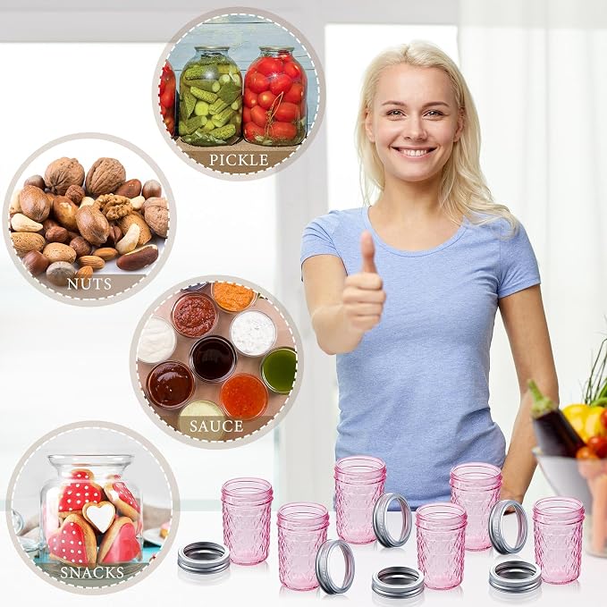Zhehao 12 Pack 8 oz Colored Mason Jars with Lids, Mini Regular Mouth Canning Jelly Honey Jars for Wedding Shower Favors DIY Candle Holding Spice Jam Fruit Smoothie Salad Dressing Ketchup (Pink) - Image 7