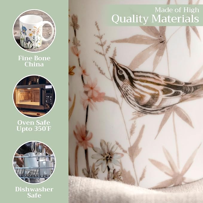 Maison d' Hermine Coffee Mug with Handles Tea Cups (12 Ounce, Pack of 1) | Fine Bone China Coffee Mugs for Hot Beverages Cappuccino Latte Home Spring Summer -Meadow Florals - Beige - Meadow Morning - Image 3