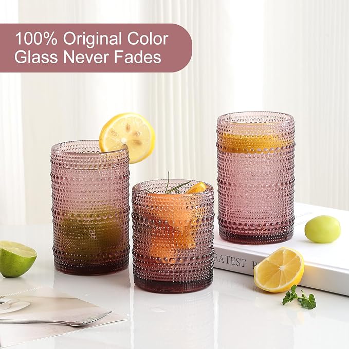 ZMOWIPDL 12oz & 15oz Hobnail Drinking Glasses,Purple Glass Cups Set of 8 | Vintage Highball Glassware，Kitchen Drinkware，Embossed Water Tumbler,for Beer,Cocktail,Whiskey,Juice,Various Mixed Drinks - Image 3