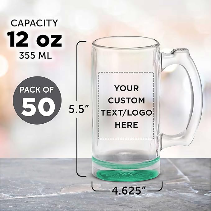 50 Libbey Beer Mugs Set, 12 oz. - Customizable Text, Logo - Groomsmen Glassware - Green