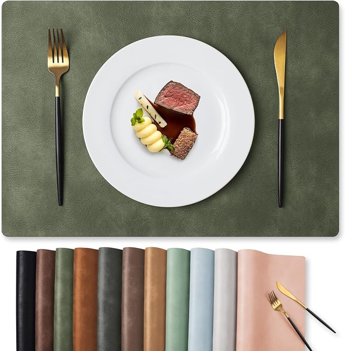 MOSAYT Vinyl Placemats Set of 8-12 X 17 Inch - Faux Leather 100% Waterproof Oil-Proof Wipeable PU Place Mats, Heat Resistant Reversible Table Mats for Kitchen, Dining, Outdoor, Olive Green by MOSAYT