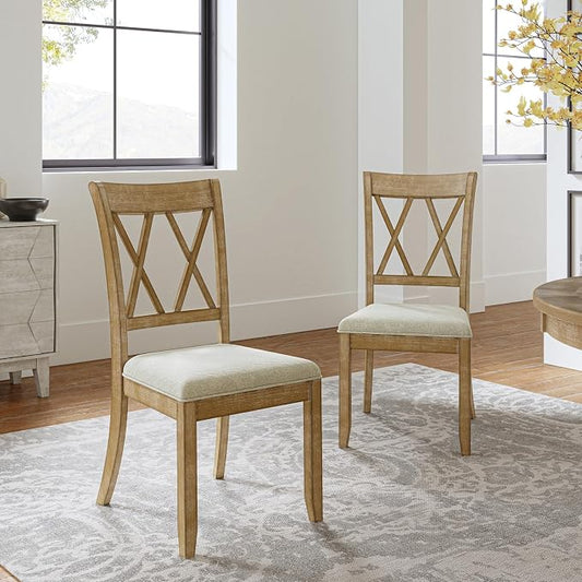 HULALA HOME Rustic Farmhouse Dining Chairs Set of 2, Solid Wood Frame in Natural, Double Cross Back, Upholstered Cushions for Kitchen or Dining Room, Natural by HULALAHOME
