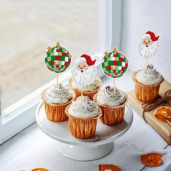 24PCS Christmas Cupcake Toppers- Santa Claus、Disco Ball、Picks Merry Christmas Theme Holiday Baby Shower Birthday Party Cake Decorations Supplies - Image 6