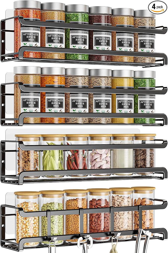 Bunoxea Spice Rack Wall Mounted 4 Pack, For Spice Jars & Seasonings,Black | 4 Removalble Hooks,Screw or Adhesive Hanging, Space-Saving,For Kitchen Cabinet, Pantry Door,Stove,RV Use,11.41x2.75x2.75in by Bunoxea