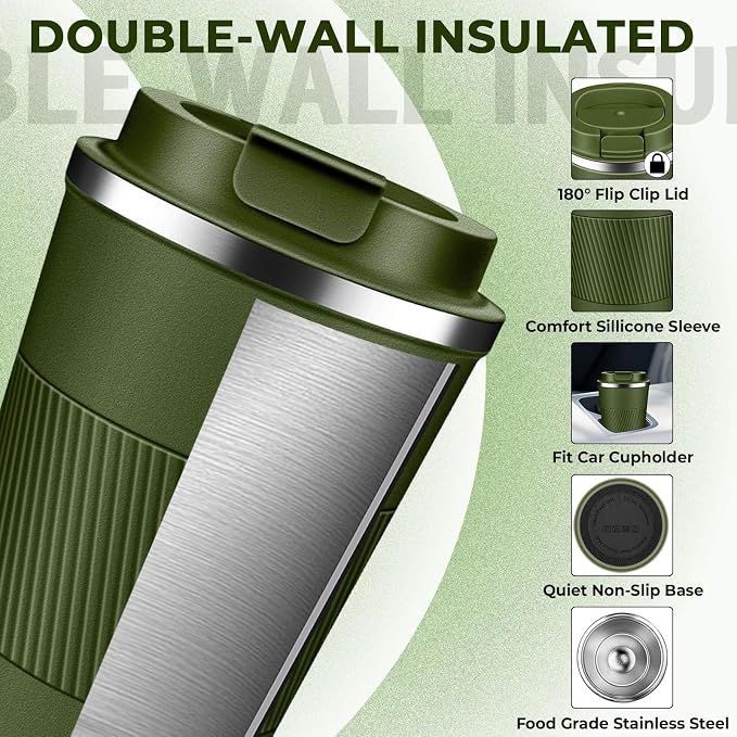 Insulated Coffee Tumbler 12 oz, Stainless Steel Coffee Mug with Lids, Travel Coffee Mug Leak Proof, Double Wall Vacuum Insulated Reusable Coffee Cup, Keep Drinks Hot and Cold, Military Green, 12 Ounce - Image 4