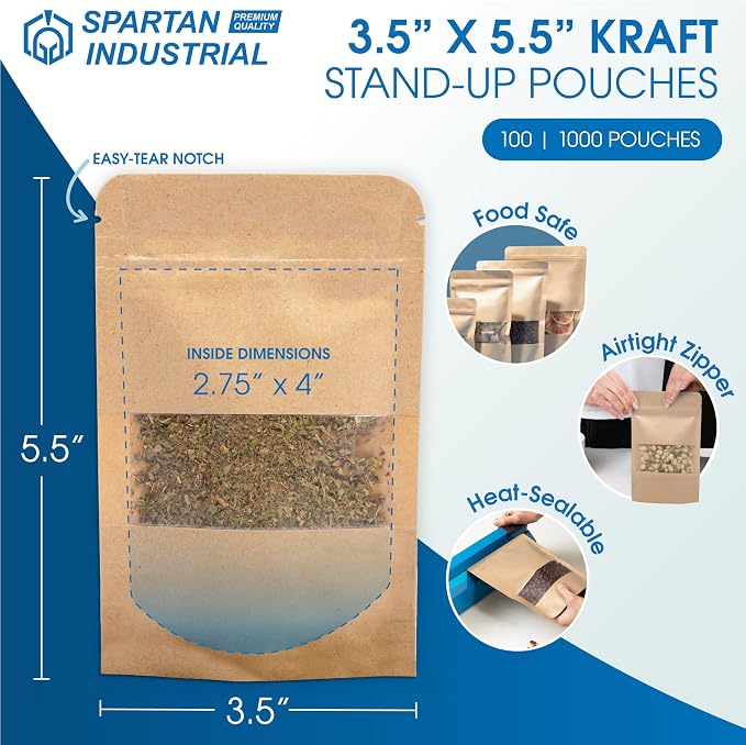 3.5" X 5.5" Kraft Resealable Stand-Up Pouches - Pack of 100 | Small Storage Bags for Smell-Proof Food Storage and Packaging, Pet Treats, Cosmetics, and More - Spartan Industrial - Image 2