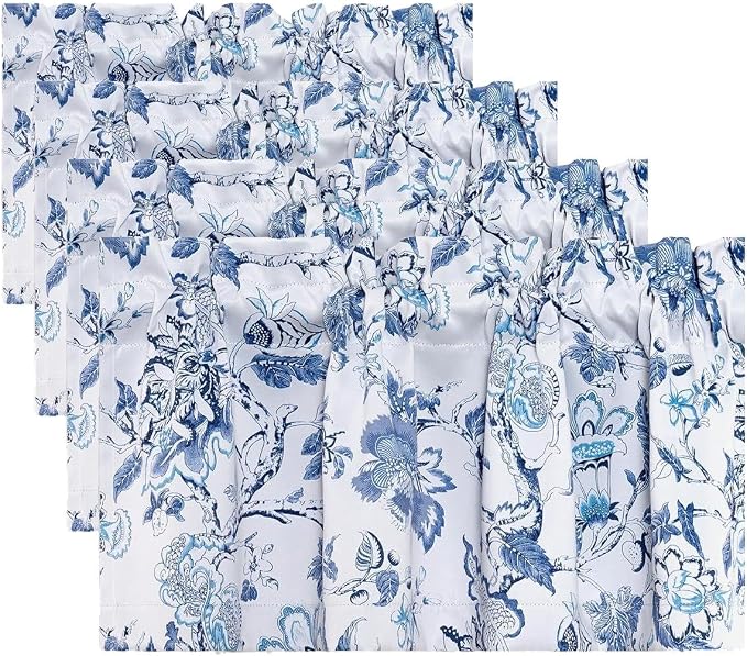 H.VERSAILTEX Blackout Curtain Valances for Kitchen Window/Living Room/Bathroom Privacy Added Rod Pocket Home Decoration Winow Valance, 52" W x 18" L, Flroal in Blue and White (Pack of 4) by HVERSAILTEX