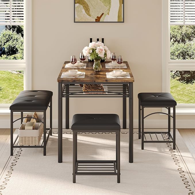GarveeHome Dining Table Set for 4 with Upholstered Benches and 2 Stools, Modern Space Saving Kitchen Breakfast Table, Ideal for Small Kitchens, Apartments, Studios, and Compact Living Spaces by GarveeHome