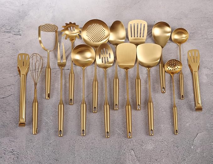 Gold Cooking Utensils Set - 16 PCS All Metal Small and Large Spoons Set | 18/10 Stainless Steel Kitchen Tools, 15″ Serving Utensil - Whisk, Masher, Fork, Tongs, Spatula, Turner, Ladle, Skimmer, Pasta - Image 7