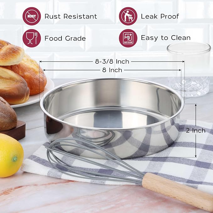 Onader 8 Inch Round Cake Pan, Stainless Steel Baking Pan Set of 3, Birthday Wedding Cake Tin - Image 2