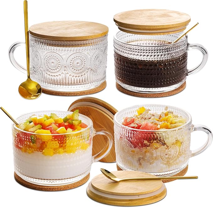 Vintage Coffee Mugs Glassware Set of 4-14oz Leak Proof Overnight Oats Containers with Lids and Spoons, Hobnail Glass Cups with Bamboo Lids, Ideal Coffee Bar Accessories Perfect for Drinks, Tea