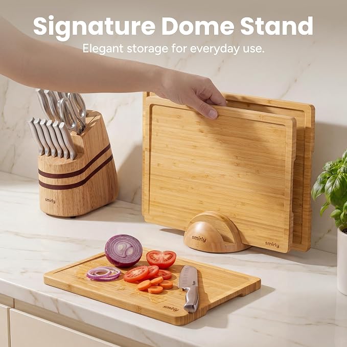 SMIRLY Cutting Boards for Kitchen, 3 Piece Bamboo Cutting Board with Stand | Non Toxic Wooden Cutting Board with Juice Grooves and Handles, Multiple Sizes Chopping Boards for Meat Vegetable Charcuterie - Image 8