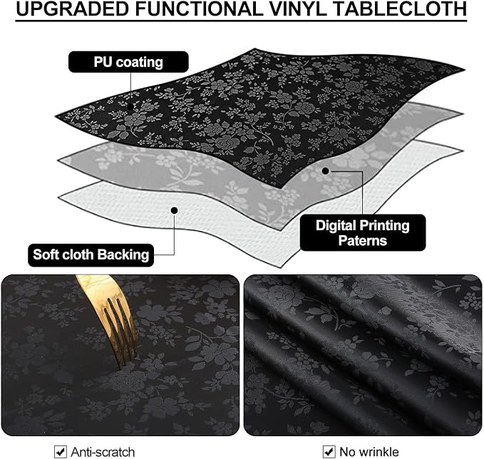 Smiry Square Waterproof Heavy Duty Vinyl Tablecloths, 70 x 70 Inch | Wipeable Washable Floral Embossed Table Cover for Kitchen and Dining Room, Indoor & Outdoor Use, Black - Image 3