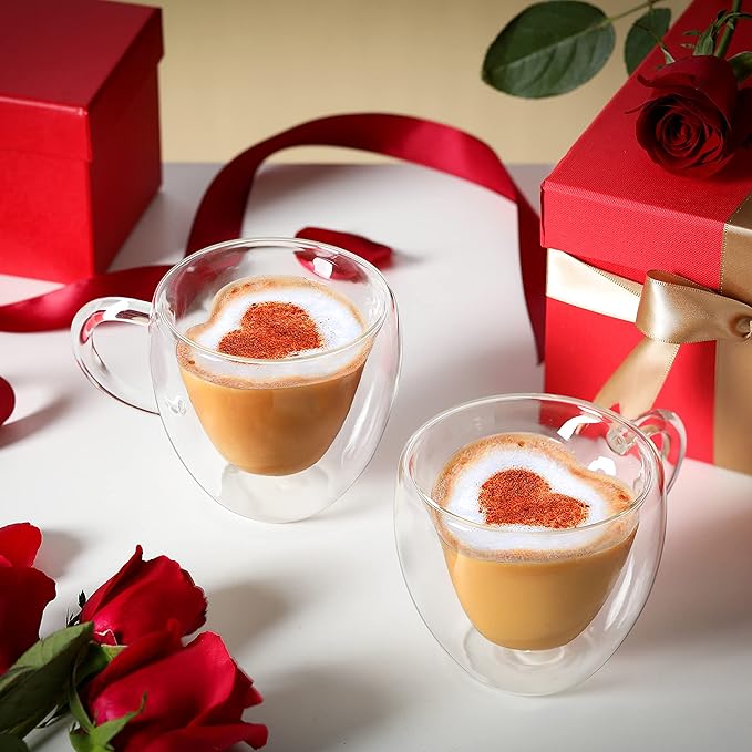 CNGLASS Mothers Day Gifts for Mom,Double Wall Heart Shaped Glass Coffee Mugs 8.5oz,Insulated Clear Tea Cups with Handle,Unique Glass Espresso Mugs for Coffee,Cappuccino,Latte,Milk,Set of 2