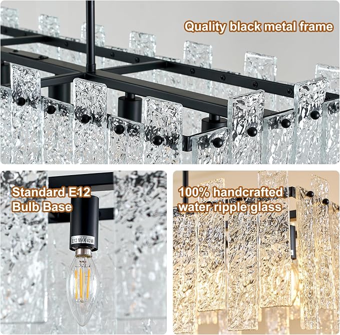 Modern Rectangular Crystal Chandelier, L47 inch Black Rectangle Water Ripple Glass Chandeliers Lighting, 8 Lights Linear Pendant Light Fixture for Kitchen Island, Living Room, Adjustable Hight - Image 4