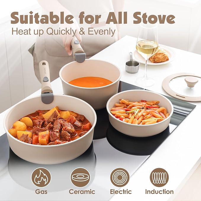 SENSARTE 17 Piece Ceramic Detachable Handle Pots and Pans Set Almond Beige | Ceramic Cookware Set, Induction Cookware Set with Removable Handle, Healthy Non Stick for RV, Dishwasher ＆ Oven Safe - Image 6