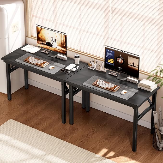 DlandHome 35.8 Inch Small Folding Computer Desk for Home Office, Black | Foldable Writing Table for Small Spaces Bedroom, No Assembly Required, Wood Top Metal Frame, Collapsible Compact Easy Storage - Image 4