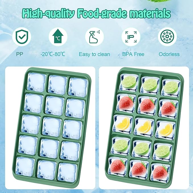2 Pcs Easy Release Ice Cube Trays, Bamboo Green Flexible Silicone Ice Cube Molds Removable Lid Stackable for Whiskey, Beverages, Baby Food (15 cubes 0.7oz)