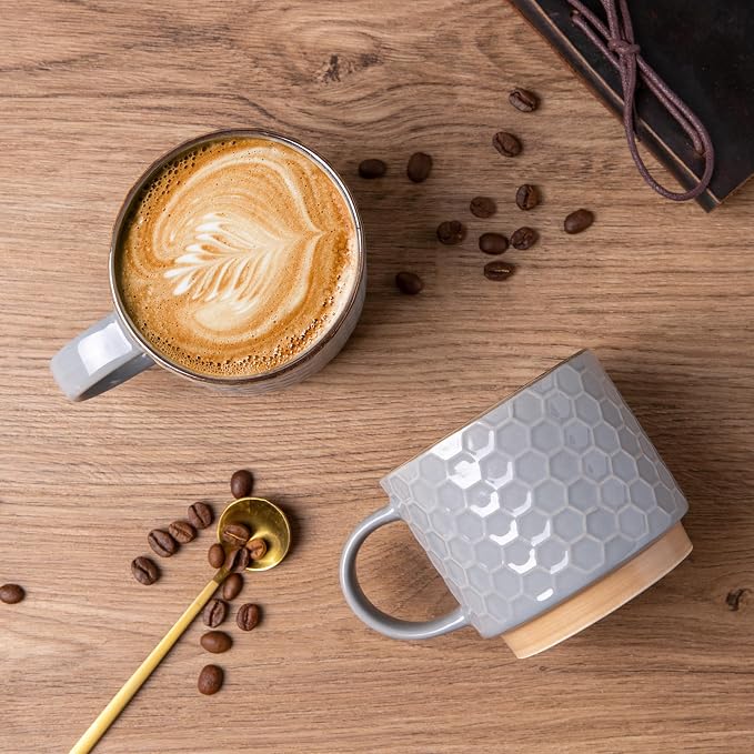 GBhome 12 OZ Stackable Coffee Mugs Set of 4, Ceramic Coffee Cups Set | 4 Assorted Designs, Embossed Mugs with Texture Patterns for Tea/Coffee, Dishwasher&Microwave Safe, Gray - Image 3