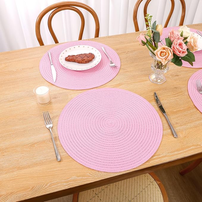 SHACOS Round Braided Placemats Set of 6 Round Table Mats for Dining Tables 15 inch Washable Non Slip Placemats (Pink, 6) - Image 6