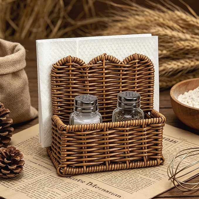 Plastic Rattan Scalloped Perimeter Napkin Holder for Table, Salt and Pepper Shakers Holder - Countertop Organizer for Rustic Room Decor, Brown (Without Salt, Pepper Shakers & Napkins) - Image 4