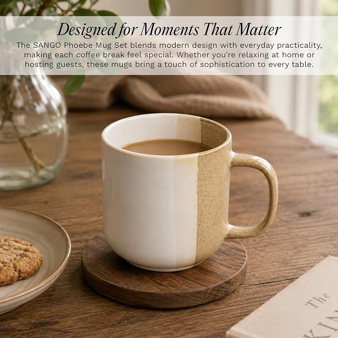 SANGO Phoebe Caramel/White Coffee Mugs Set of 4, 15 oz Stoneware Coffee Mug Set, Big Glossy Ceramic Tea Cup for Cappuccino, Latte, Cocoa, Large Coffee Cups with Handle, Microwave & Dishwasher Safe - Image 7