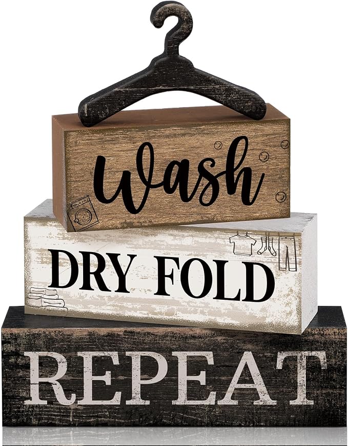 Moucuny 4 Pcs Farmhouse Laundry Room Decor Stacked Blocks, Wash Dry Fold Repeat Wooden Sign Set with Vintage Hanger - Rustic Home Shelf Decor for Laundry Area Housewarming Gift by Moucuny