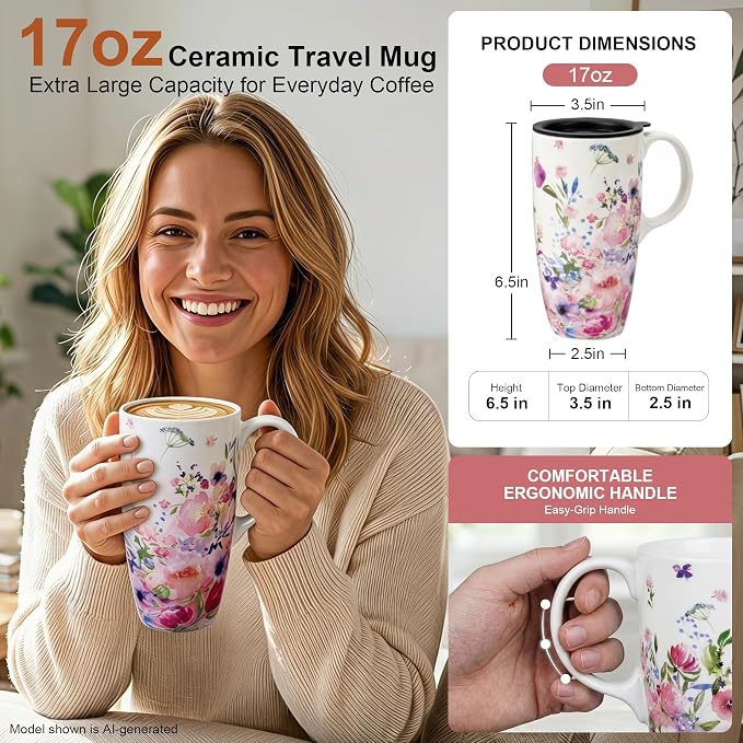 Topadorn 17oz Ceramic Travel Mug with Lid & Gift Box, Coffee Cup for Tea | Watercolor Flower Coffee Cup for Tea, Latte & Office Desk, Pink Garden Design - Image 2