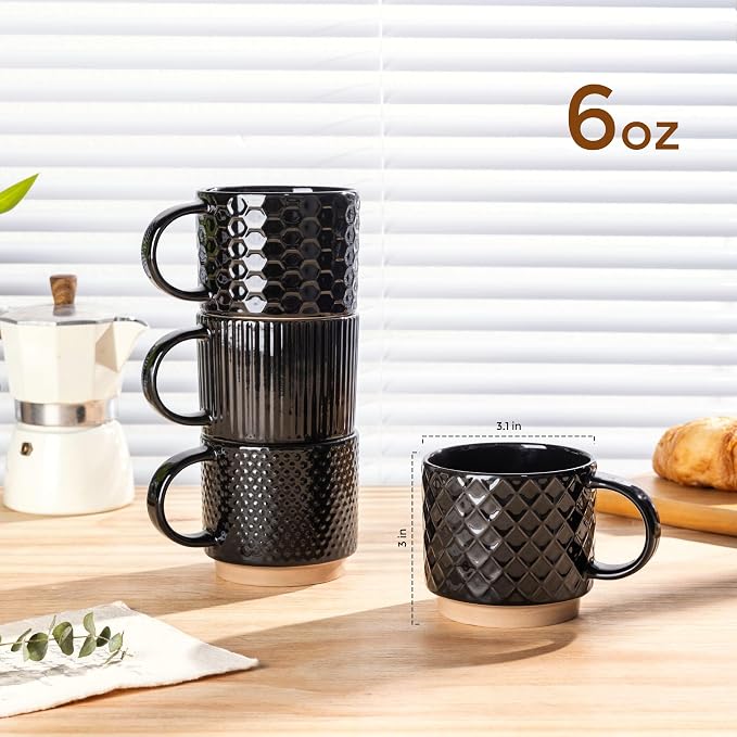 GBhome 6 OZ Stackable Coffee Mugs Set of 4, Ceramic Coffee Cups Set | 4 Assorted Designs, Embossed Mugs with Texture Patterns for Espresso/Tea, Dishwasher&Microwave Safe, Black - Image 2